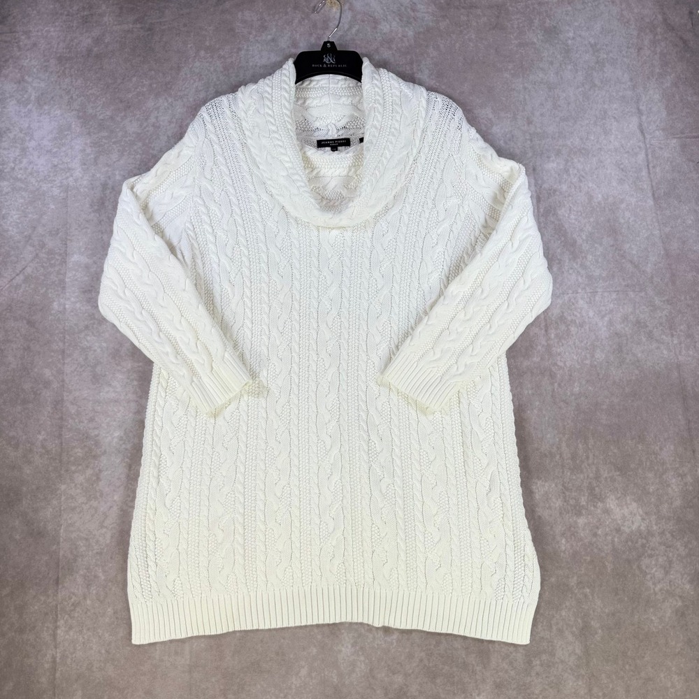 Jeanne Pierre Cable Knit‎ Sweater Women 2X White Cowl Neck Cotton Long Sleeve